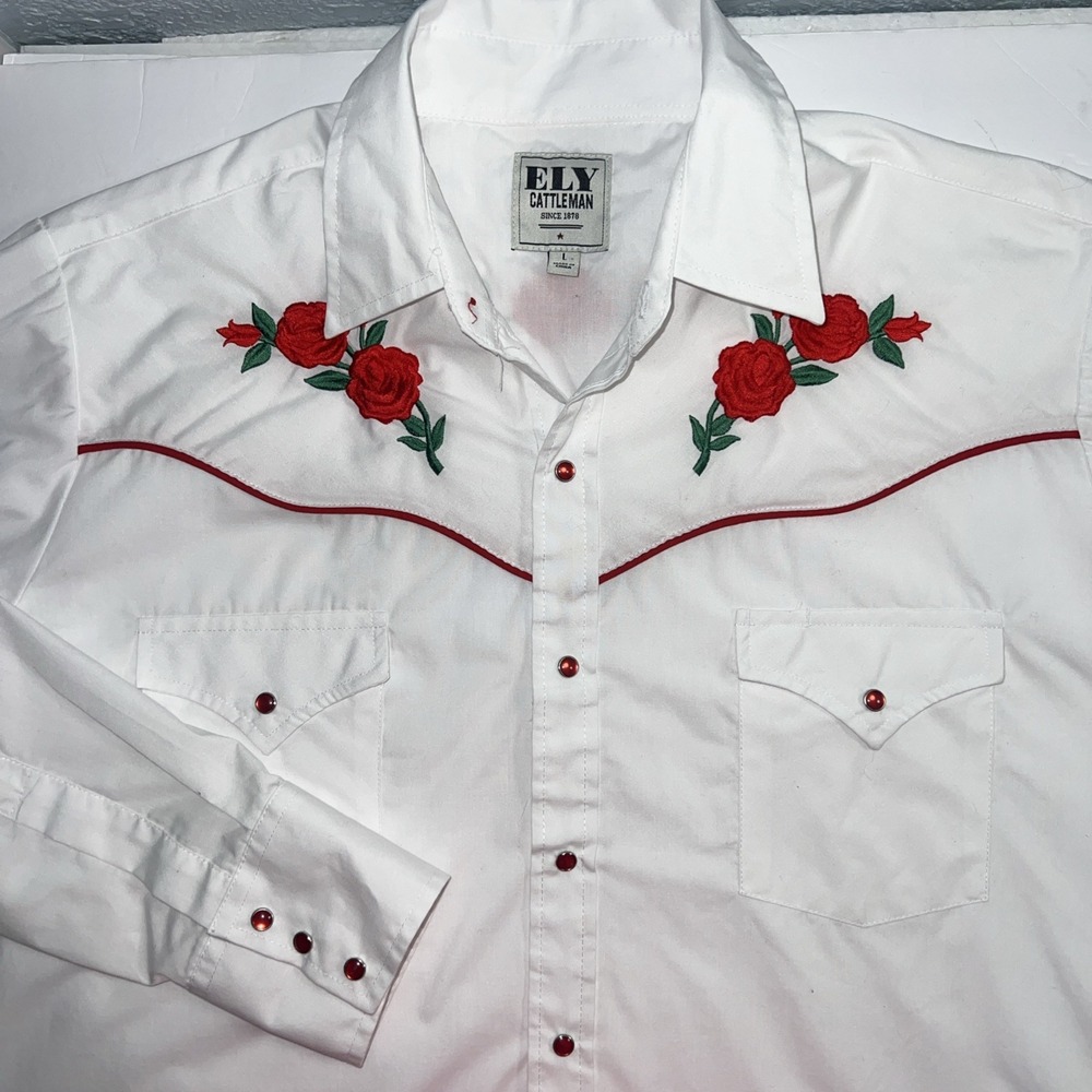 Ely Catterman Diamond Shirt Womens L White Pearl Snap Embroidered Rose Cowboy